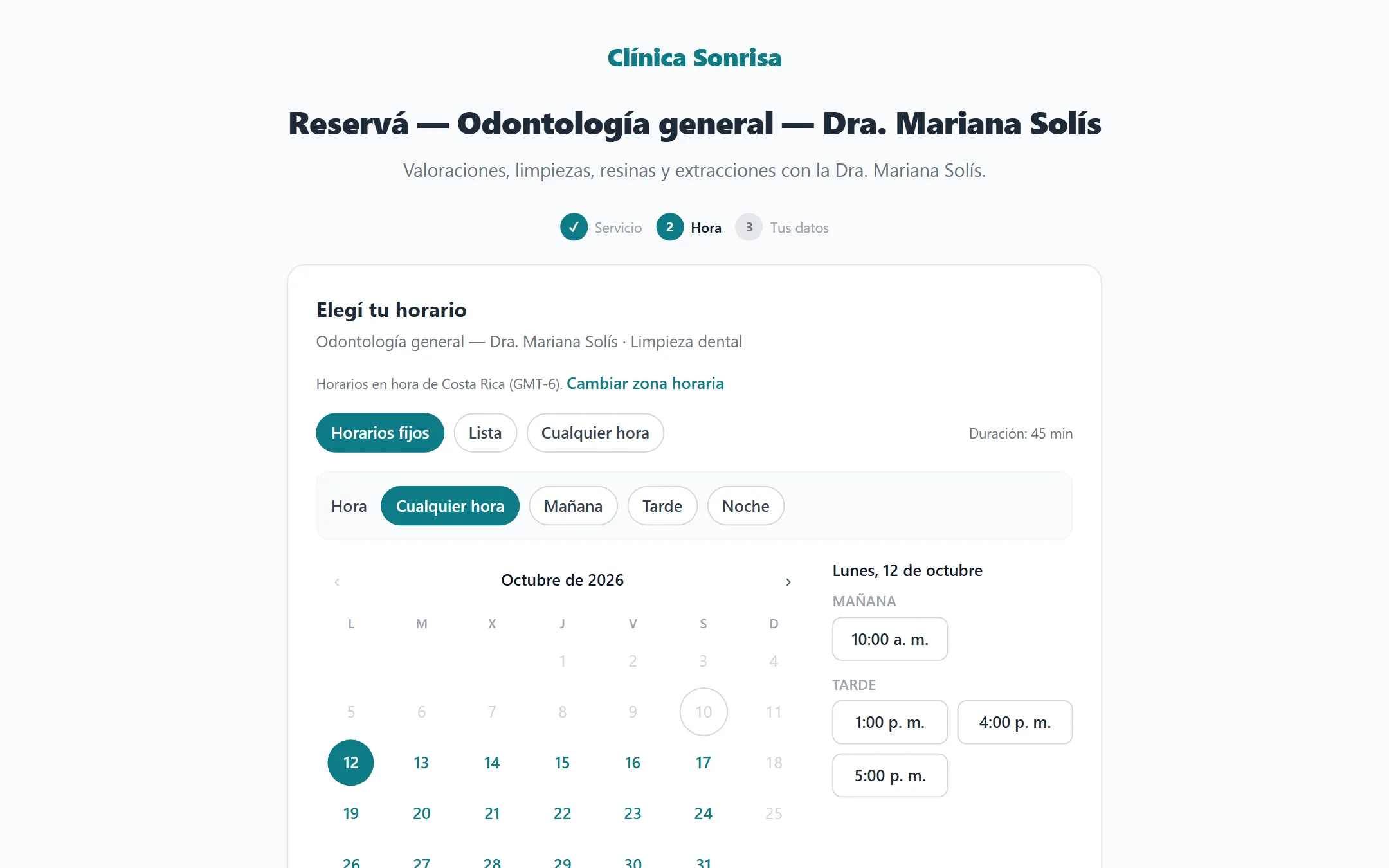 Página de reserva con pago y configuración de cobro por servicio