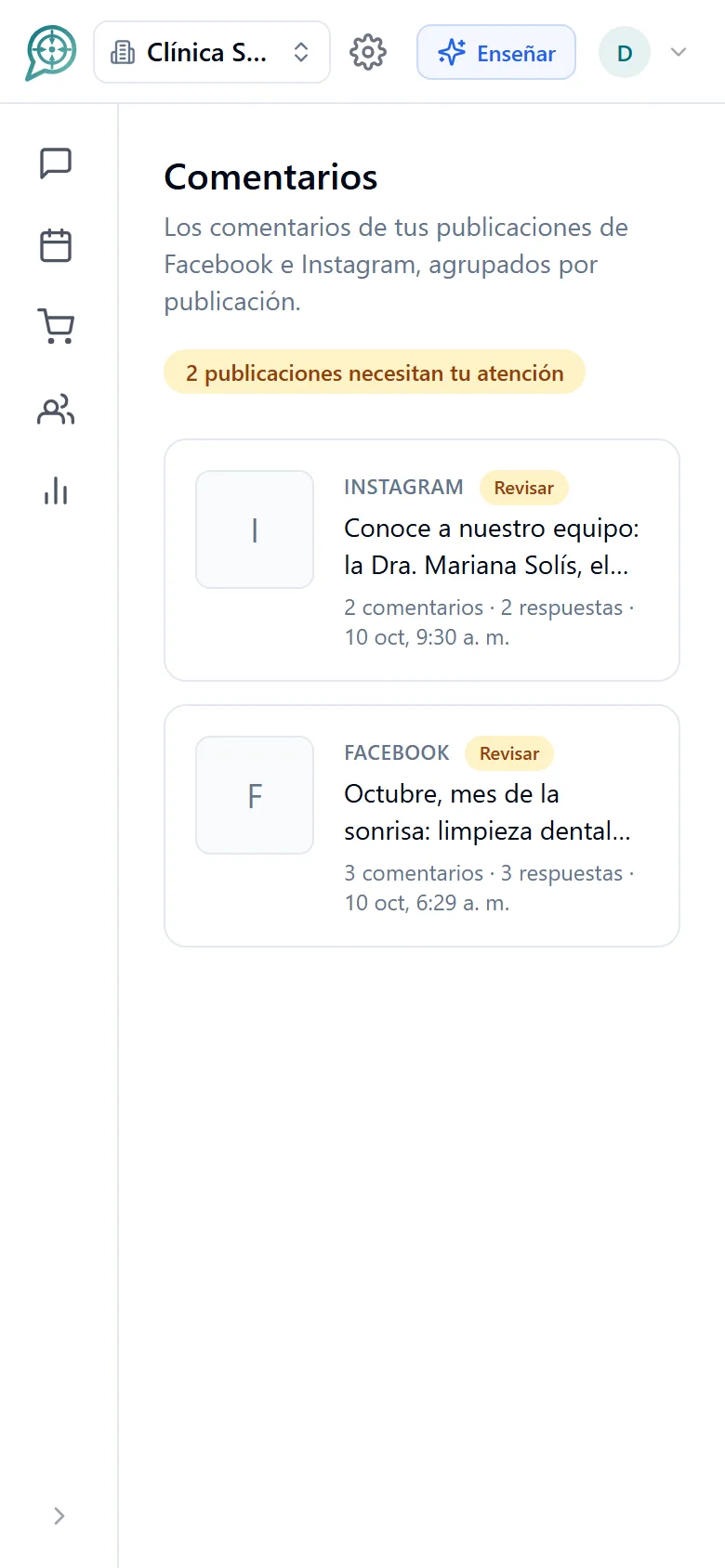 Bandeja de comentarios de Facebook e Instagram con respuestas del asistente (móvil)